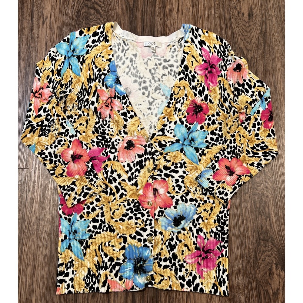 Cache Women Multicolor Floral Rayon Long Sleeve Button Front Cardigan Sweater M